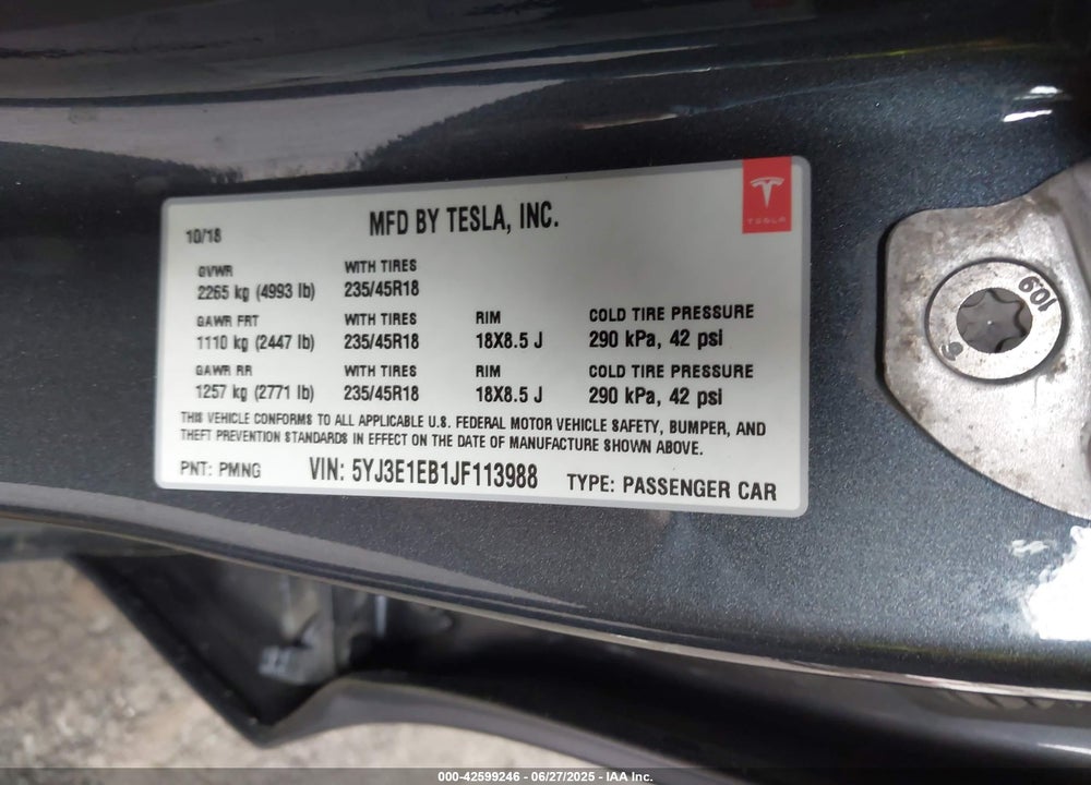 2018 TESLA MODEL 3 VIN: 5YJ3E1EB1JF113988