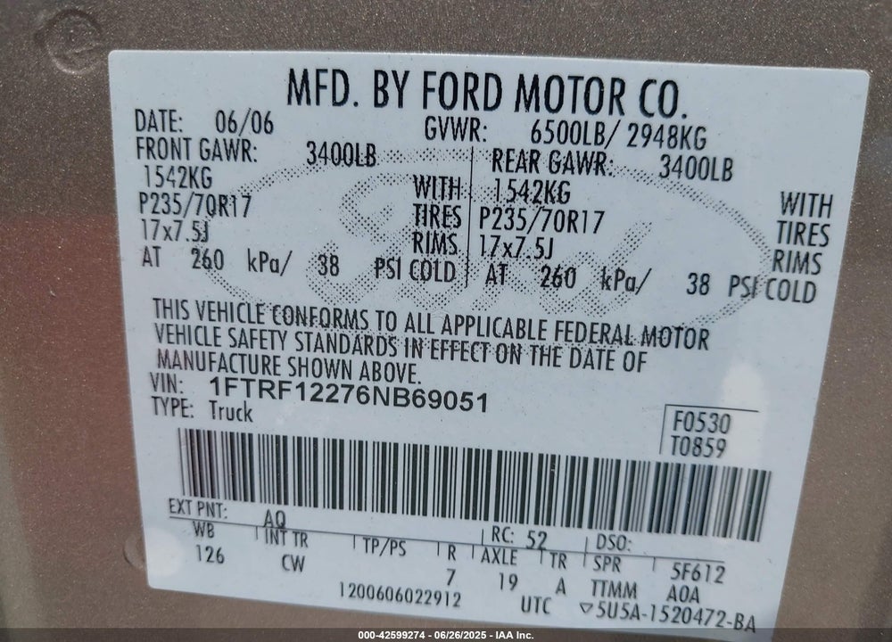 2006 FORD F-150 STX/XL/XLT VIN: 1FTRF12276NB69051