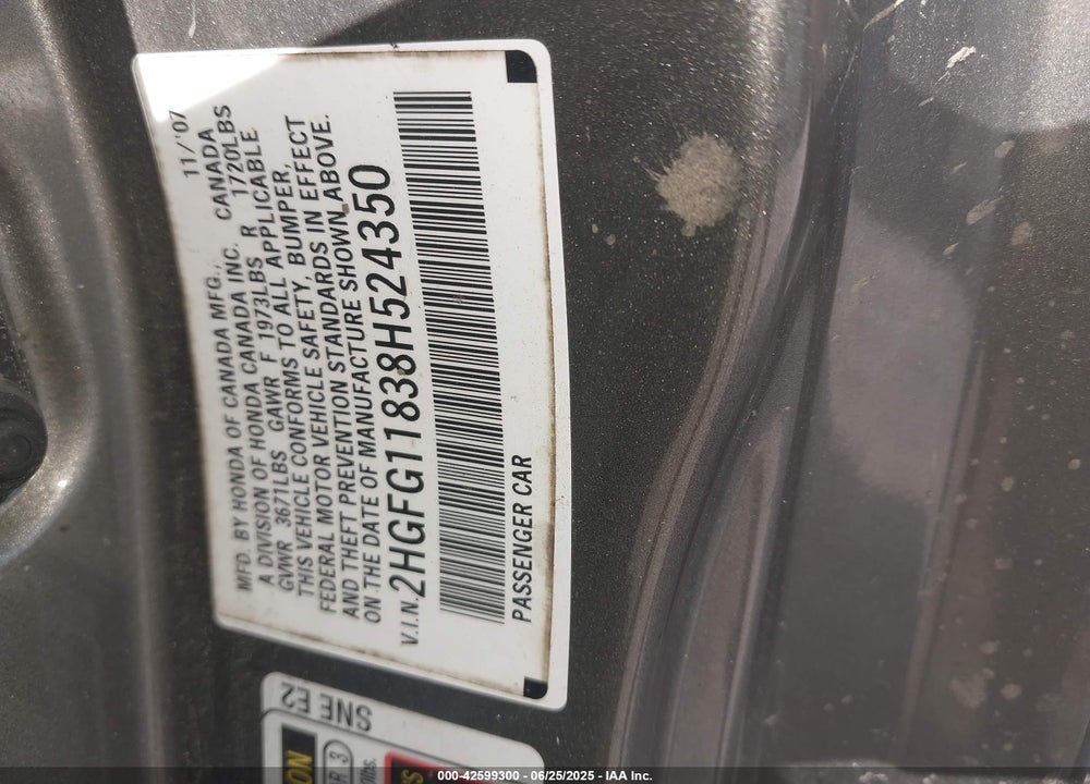 2008 HONDA CIVIC VIN: 2HGFG11838H524350