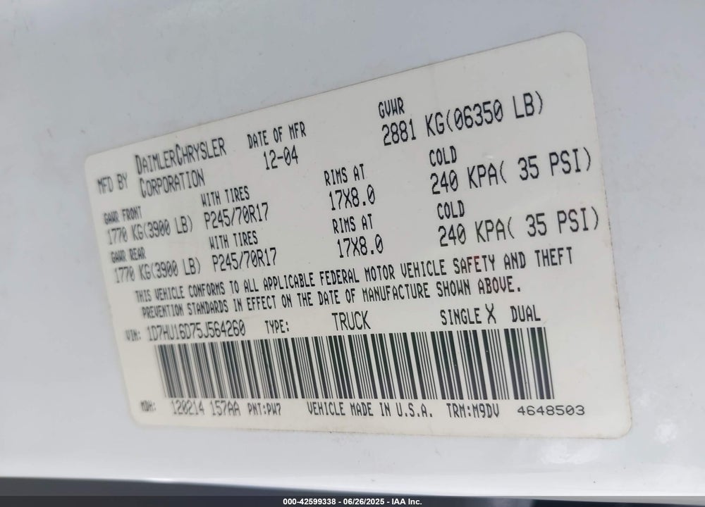 2005 DODGE RAM 1500 SLT/LARAMIE VIN: 1D7HU16D75J564260