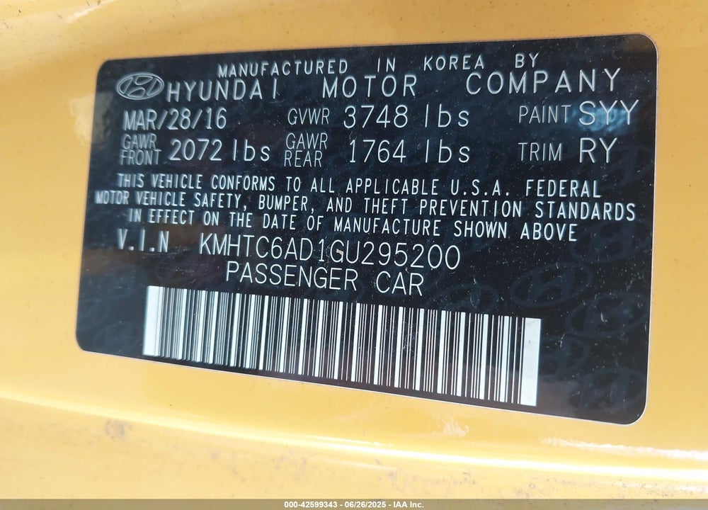 2016 HYUNDAI VELOSTER VIN: KMHTC6AD1GU295200