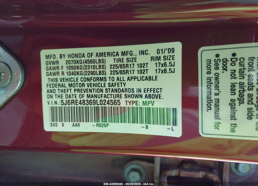 2009 HONDA CR-V VIN: 5J6RE48369L024565