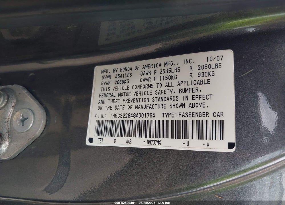 2008 HONDA ACCORD VIN: 1HGCS22848A001794