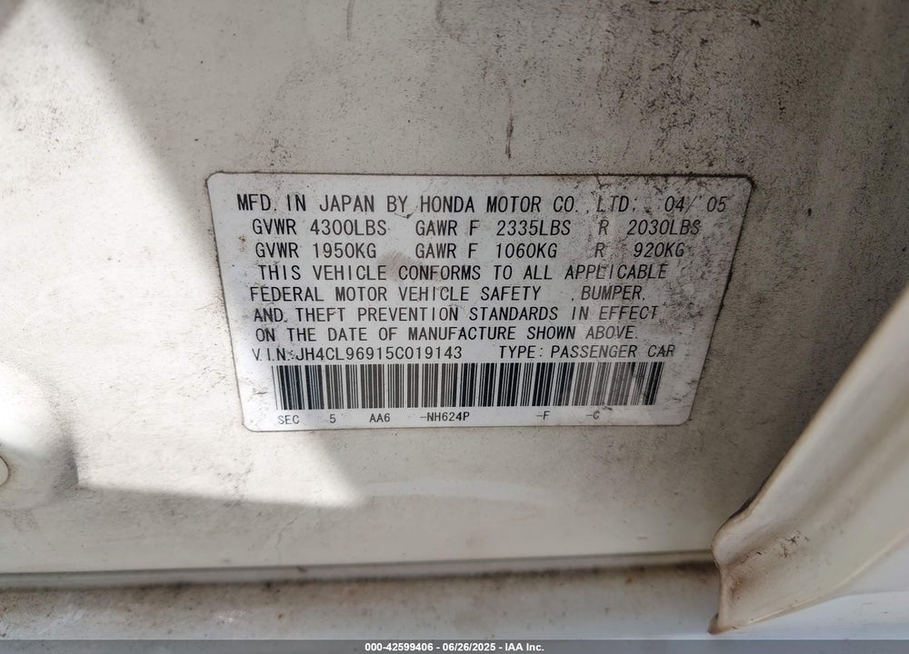 2005 ACURA TSX VIN: JH4CL96915C019143