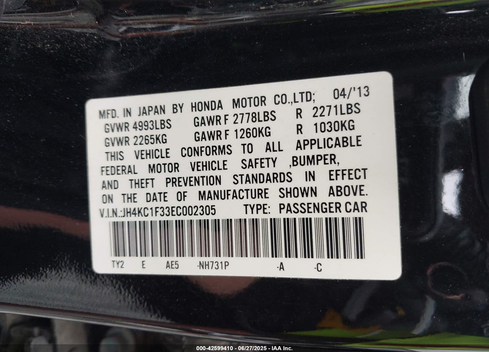 2014 ACURA RLX VIN: JH4KC1F33EC002305