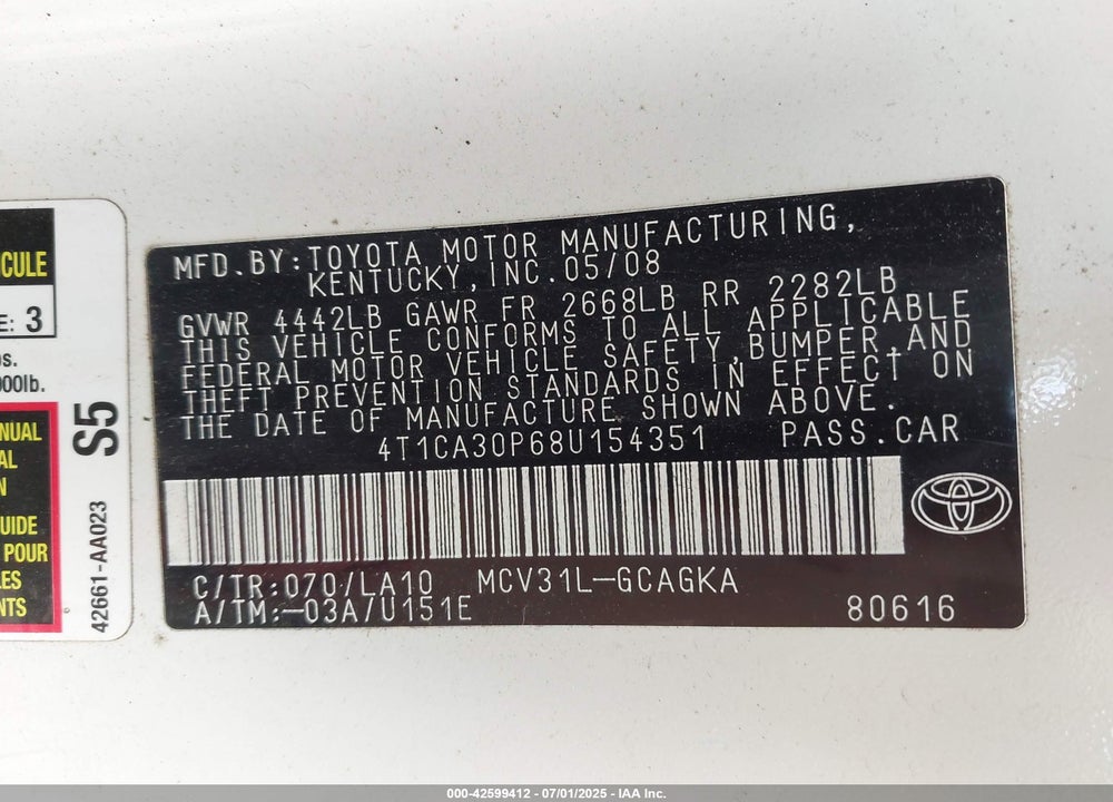 2008 TOYOTA CAMRY SOLARA VIN: 4T1CA30P68U154351