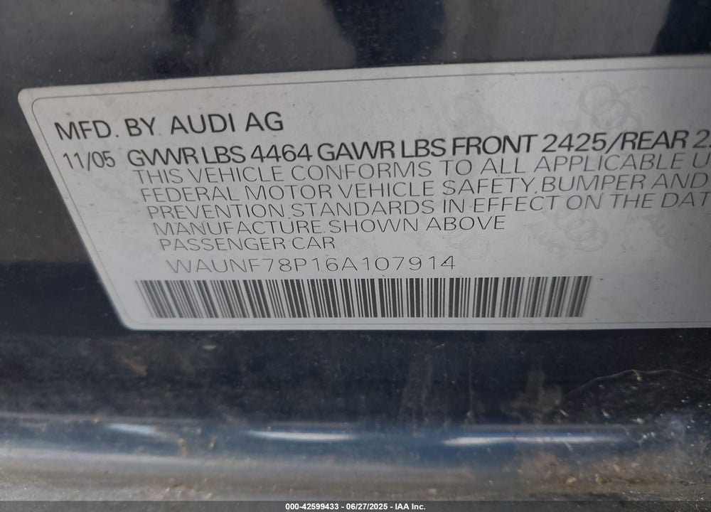 2006 AUDI A3 VIN: WAUNF78P16A107914