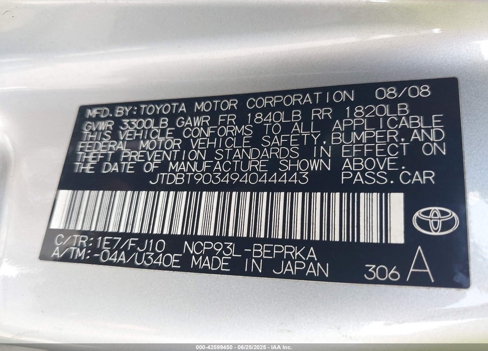 2009 TOYOTA YARIS VIN: JTDBT903494044443