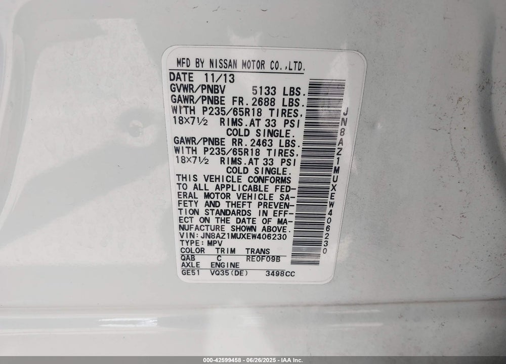 2014 NISSAN MURANO VIN: JN8AZ1MUXEW406230