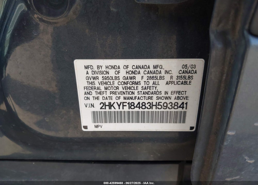 2003 HONDA PILOT EX VIN: 2HKYF18483H593841