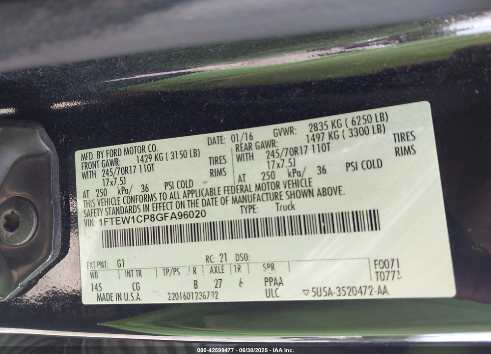 2016 FORD F-150 VIN: 1FTEW1CP8GFA96020