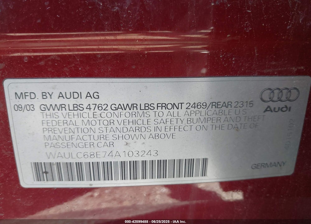 2004 AUDI A4 VIN: WAULC68E74A103243