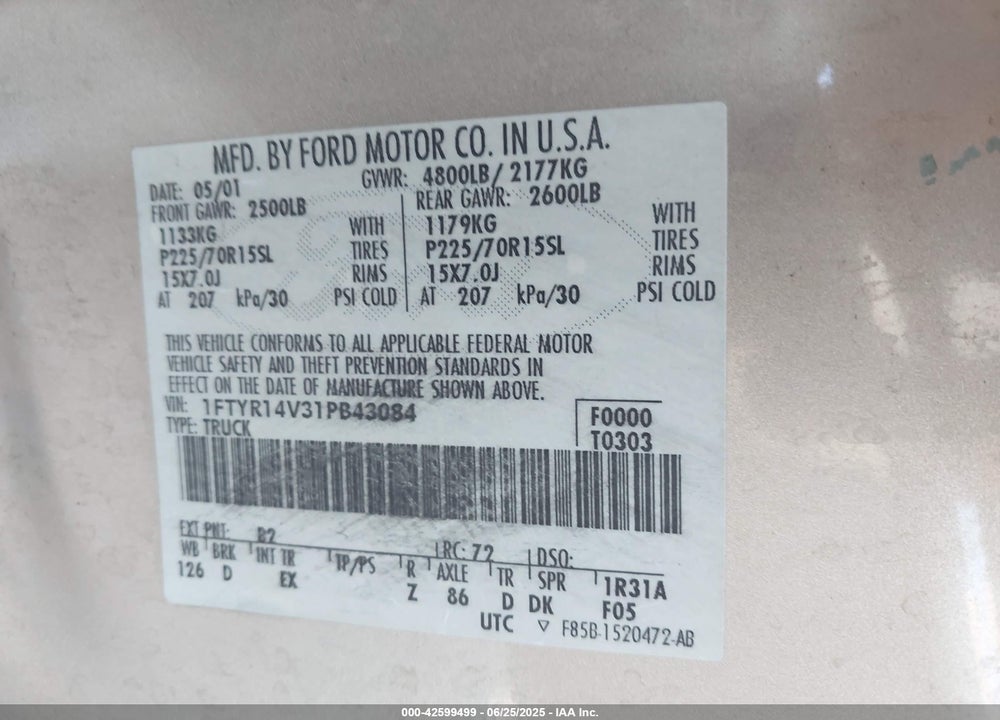 2001 FORD RANGER EDGE/XL/XLT VIN: 1FTYR14V31PB43084