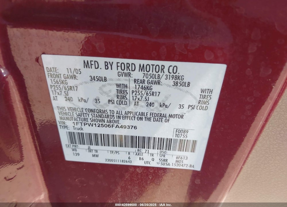 2006 FORD F-150 VIN: 1FTPW12506FA49376