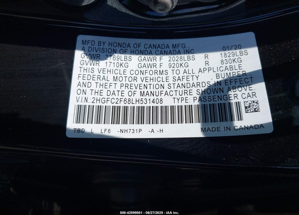 2020 HONDA CIVIC VIN: 2HGFC2F68LH531408