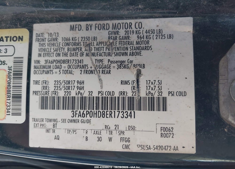 2014 FORD FUSION VIN: 3FA6P0HD8ER173341