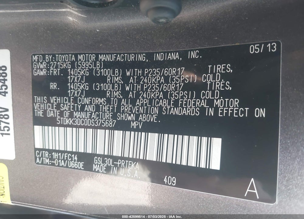 2013 TOYOTA SIENNA VIN: 5TDKK3DC0DS375687