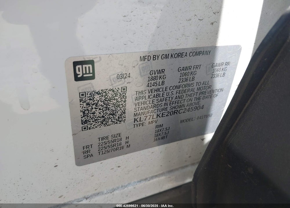 2024 CHEVROLET TRAX VIN: KL77LKE20RC245904
