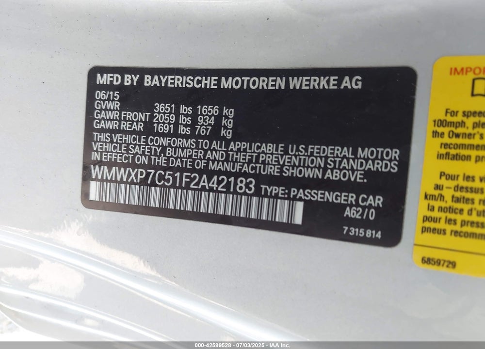 2015 MINI HARDTOP COOPER S VIN: WMWXP7C51F2A42183