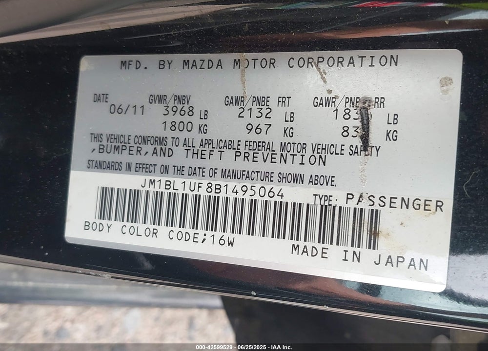 2011 MAZDA 3 VIN: JM1BL1UF8B1495064