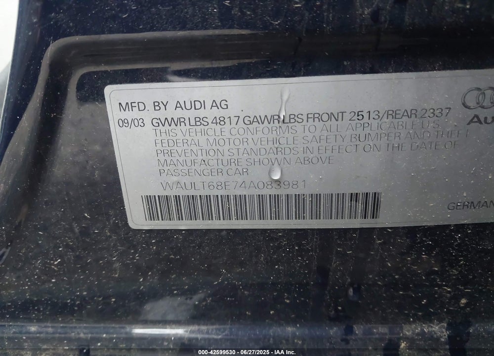 2004 AUDI A4 3.0 VIN: WAULT68E74A083981