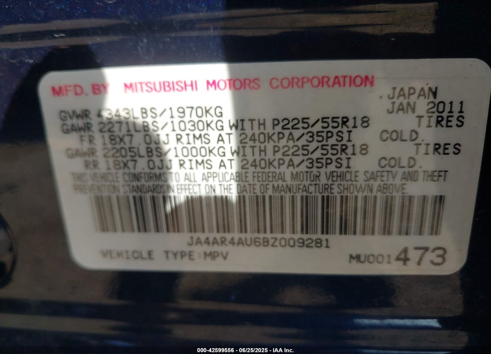 2011 MITSUBISHI OUTLANDER SPORT SE VIN: JA4AR4AU6BZ009281