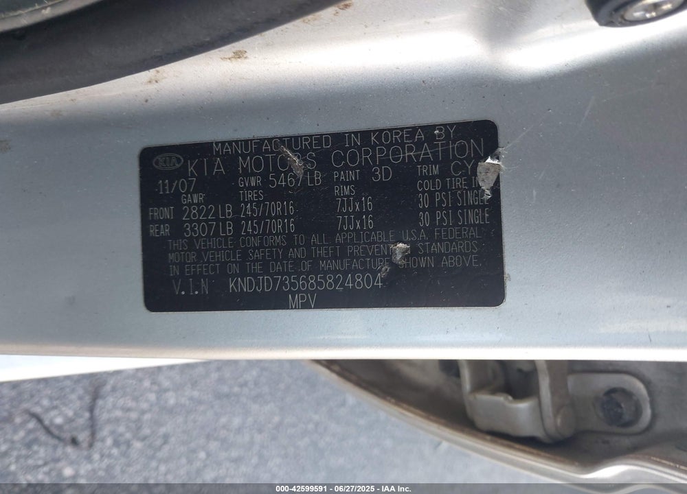 2008 KIA SORENTO VIN: KNDJD735685824804