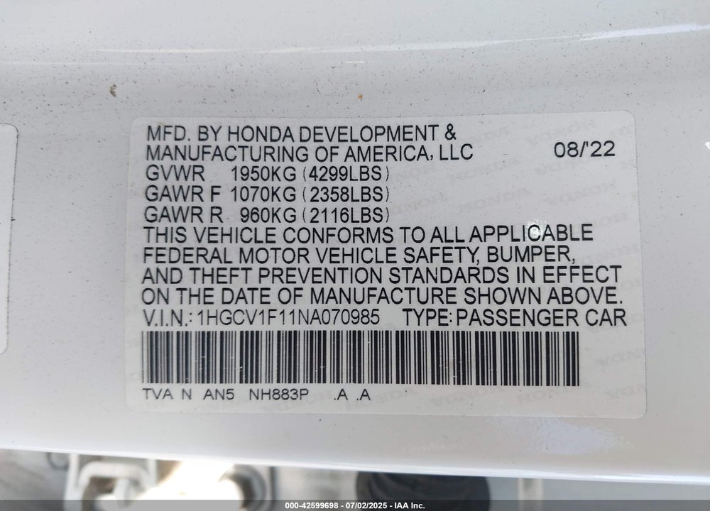2022 HONDA ACCORD VIN: 1HGCV1F11NA070985