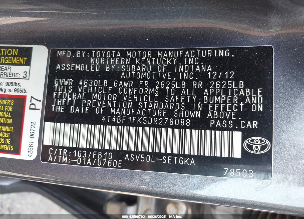 2013 TOYOTA CAMRY XLE VIN: 4T4BF1FK5DR278088