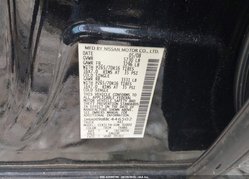 2008 NISSAN FRONTIER SE VIN: 1N6AD09U88C446502