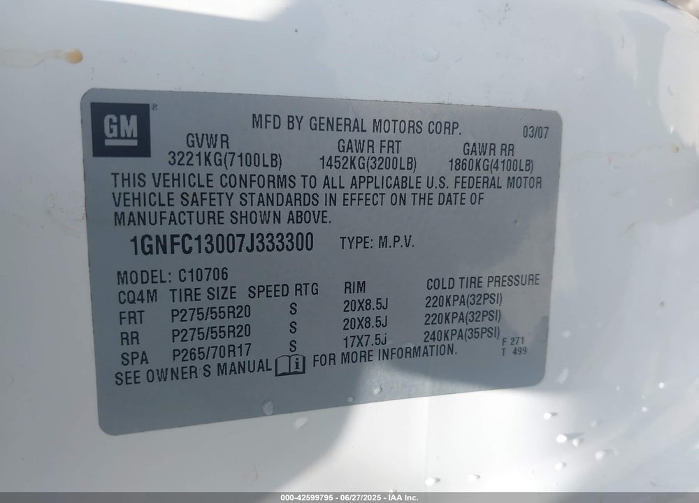 2007 CHEVROLET TAHOE VIN: 1GNFC13007J333300