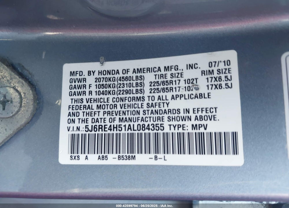 2010 HONDA CR-V VIN: 5J6RE4H51AL084355