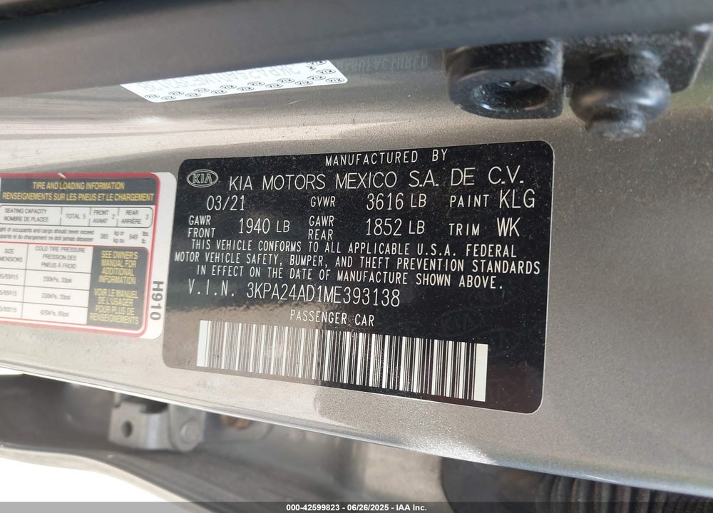 2021 KIA RIO VIN: 3KPA24AD1ME393138