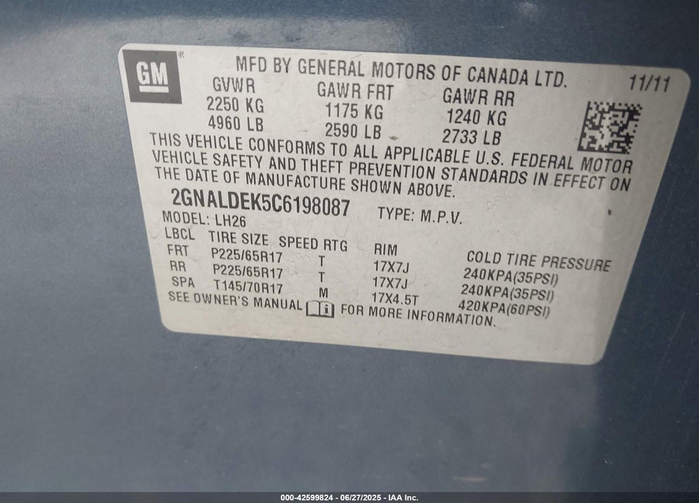 2012 CHEVROLET EQUINOX VIN: 2GNALDEK5C6198087