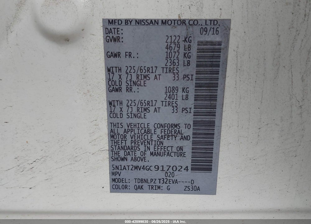 2016 NISSAN ROGUE VIN: 5N1AT2MV4GC917024
