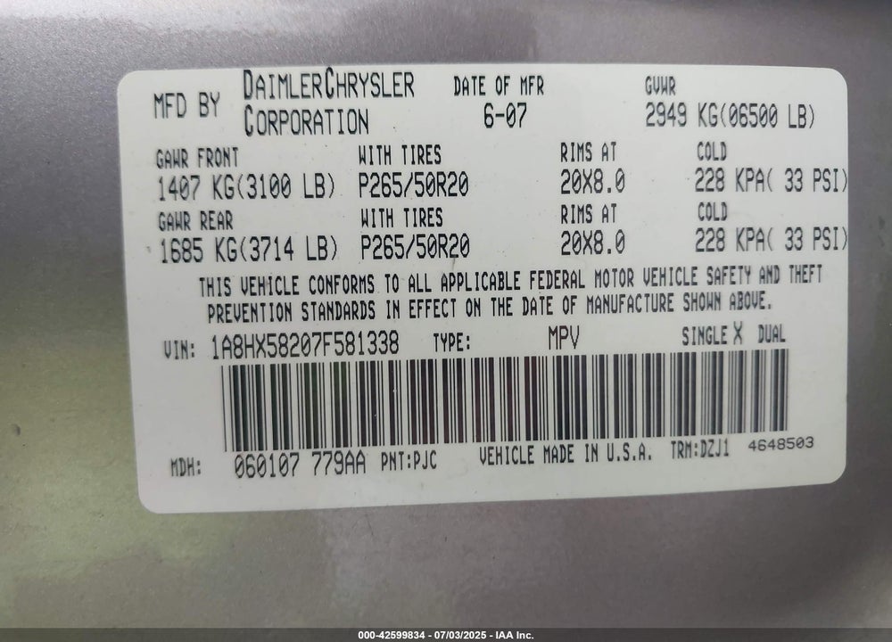 2007 CHRYSLER ASPEN LIMITED VIN: 1A8HX58207F581338