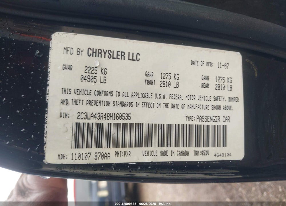 2008 CHRYSLER 300 VIN: 2C3LA43R48H160535