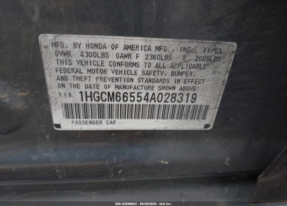2004 HONDA ACCORD 3.0 EX VIN: 1HGCM66554A028319
