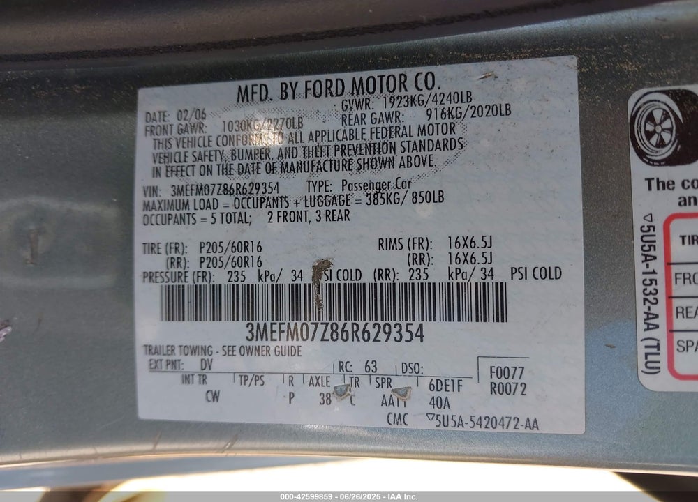 2006 MERCURY MILAN VIN: 3MEFM07Z86R629354