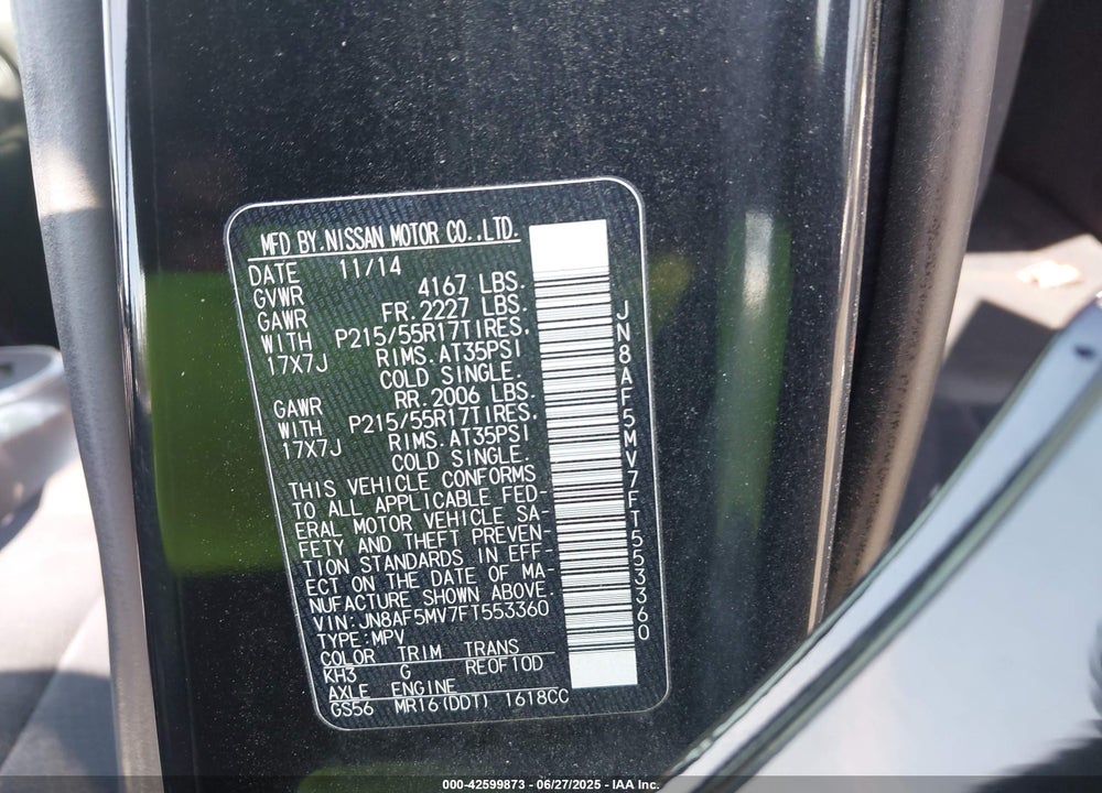 2015 NISSAN JUKE SV VIN: JN8AF5MV7FT553360