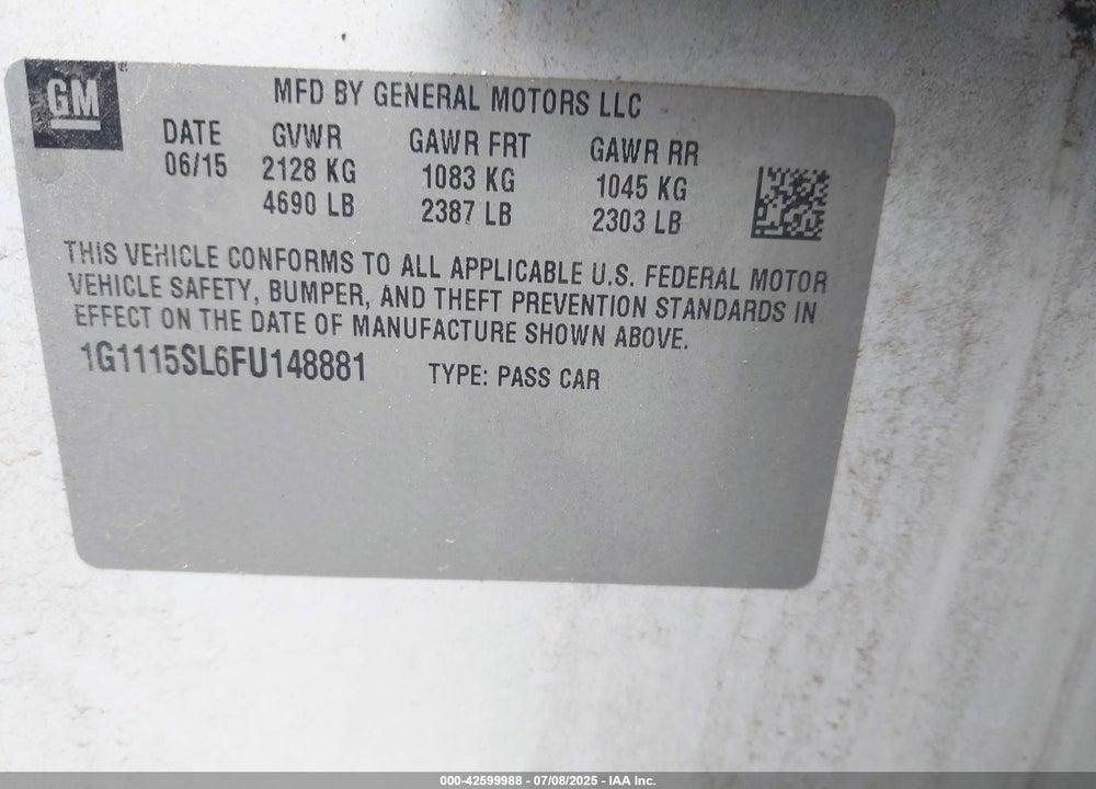 2015 CHEVROLET IMPALA VIN: 1G1115SL6FU148881