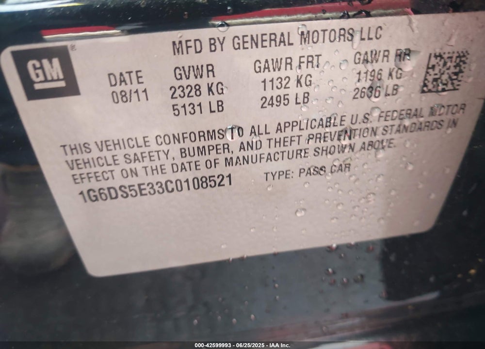 2012 CADILLAC CTS VIN: 1G6DS5E33C0108521