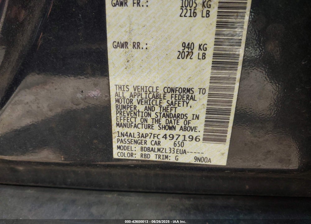 2015 NISSAN ALTIMA VIN: 1N4AL3AP7FC497196