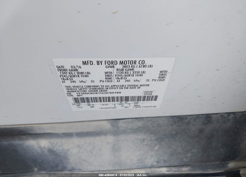 2016 FORD EXPLORER VIN: 1FM5K8D81GGC60189