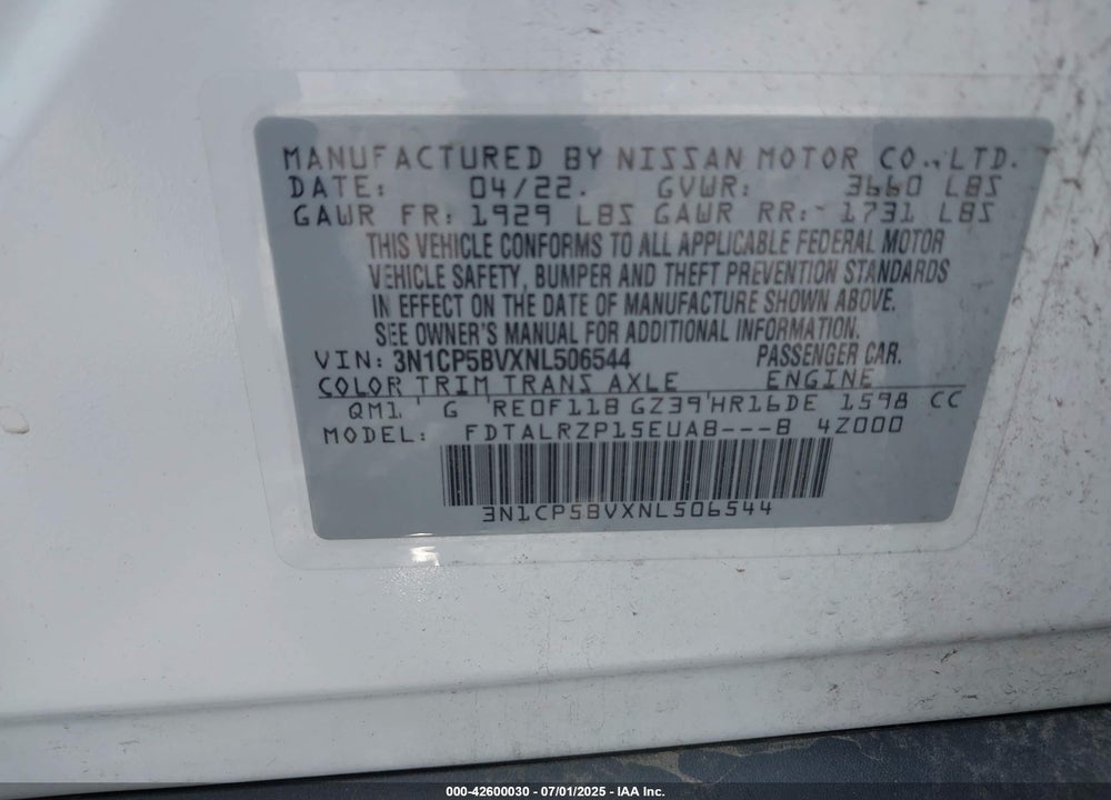 2022 NISSAN KICKS VIN: 3N1CP5BVXNL506544
