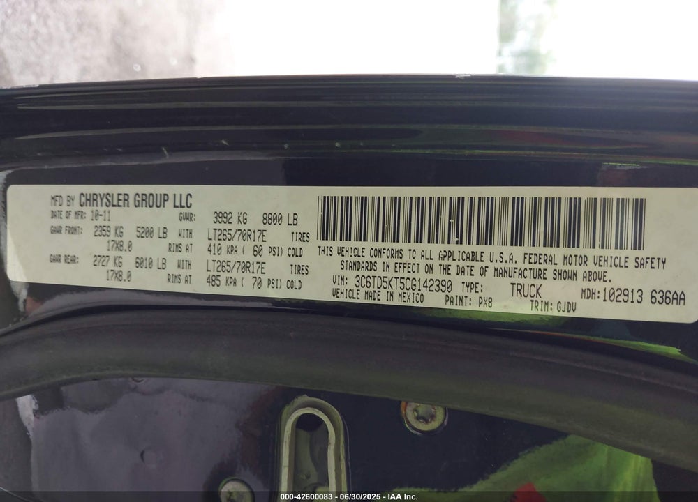 2012 RAM 2500 VIN: 3C6TD5KT5CG142390