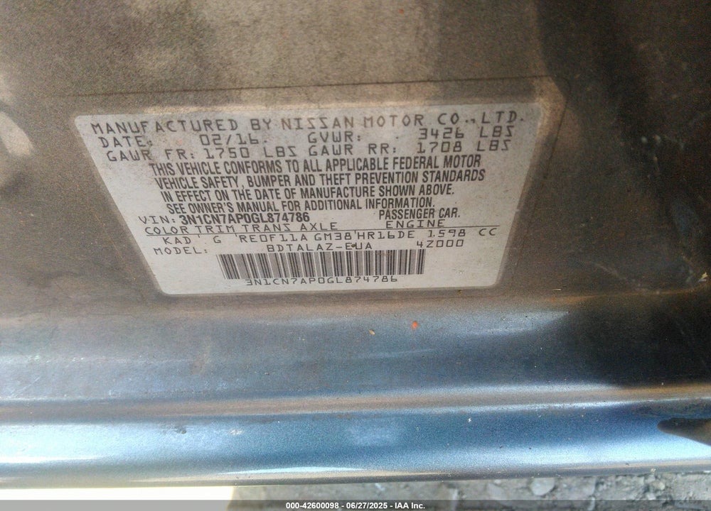 2016 NISSAN VERSA VIN: 3N1CN7AP0GL874786