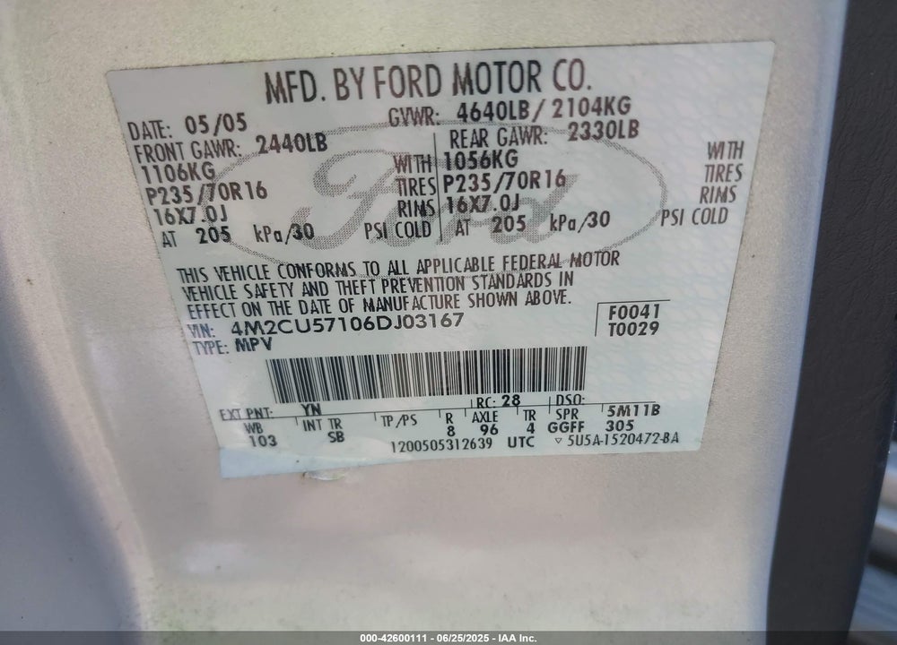 2006 MERCURY MARINER VIN: 4M2CU57106DJ03167