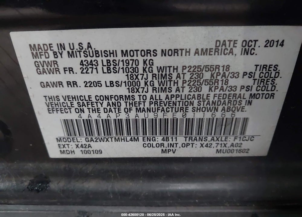 2015 MITSUBISHI OUTLANDER SPORT VIN: 4A4AP3AU9FE011666