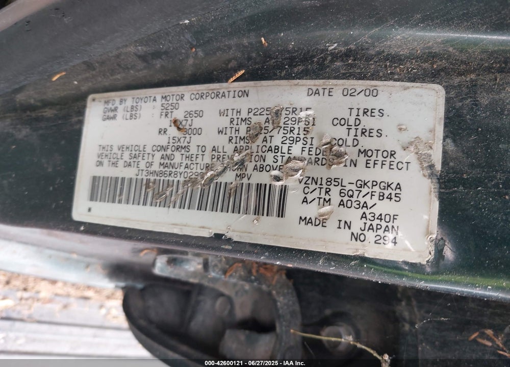2000 TOYOTA 4RUNNER SR5 V6 VIN: JT3HN86R8Y0299276
